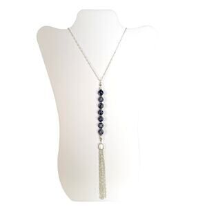 Silver Chain Necklace Blue Semi-Precious Stones Tassel Pendant 40" Long